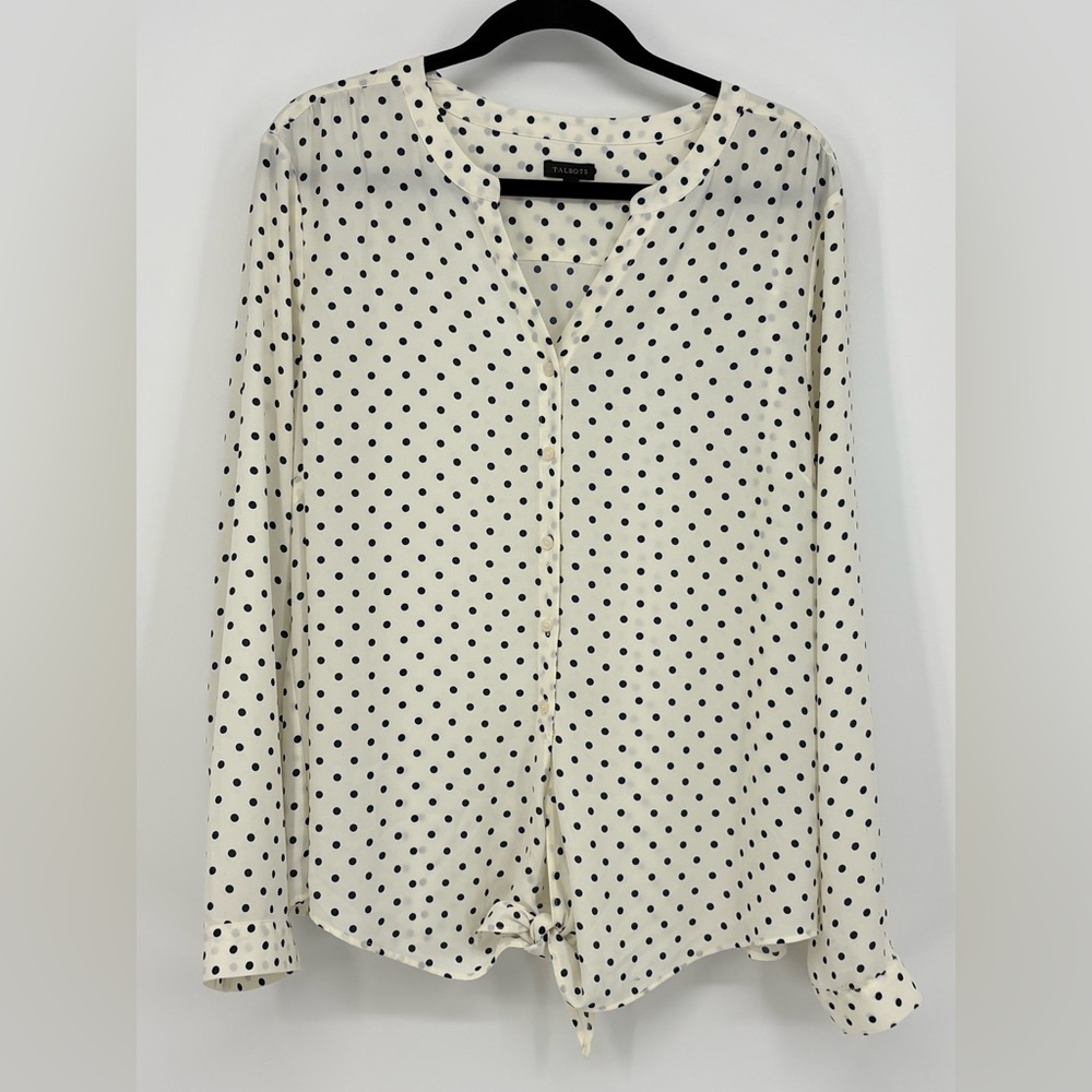 TALBOTS Blouse Cream with Navy Polka Dot Long Sleeve Tie Front Women’s XL